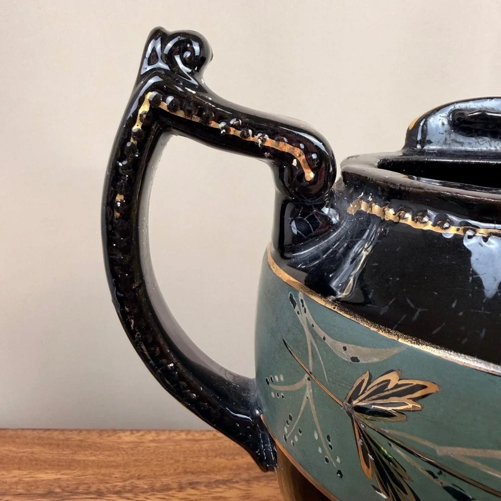 Jackfield Pottery Victorian Teapot Black Teal Floral Gilt Antique Staffordshire